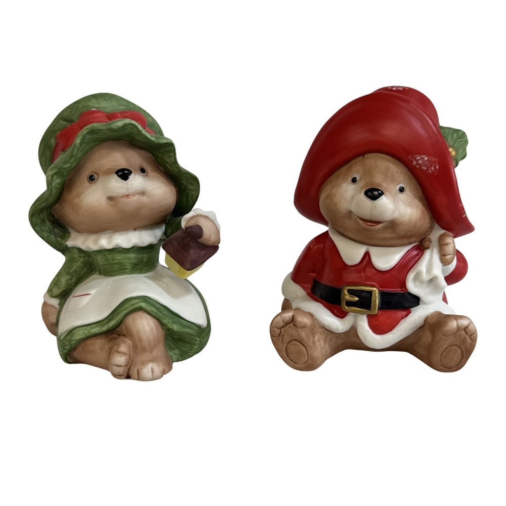 HOMCO Teddy Bear Christmas Figurines Set of 2 Santa Elf Ceramic Holiday Decor